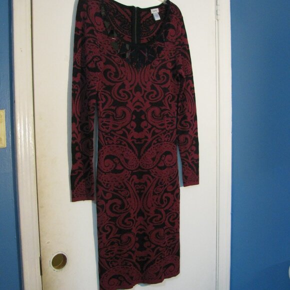Cache Dress Medium NWOT  Red Black Paisley Print Sheath Heavyweight Back Zip - Picture 5 of 7